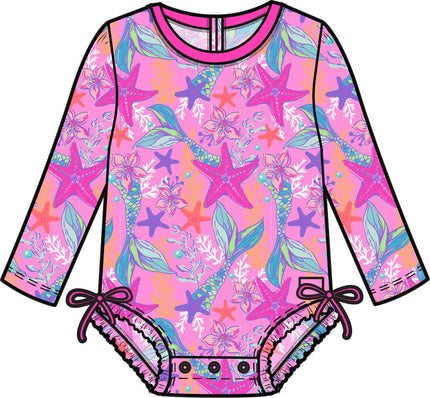 Baby Girls Neon Shimmer Mermaid Long Sleeve One Piece Rash Guard Swimsuit with Signature Rear Ruffles