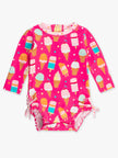 Baby Girls Sweet Scoops Ice Cream Long Sleeve One Piece Rash Guard Swimsuit with Signature Rear Ruffles