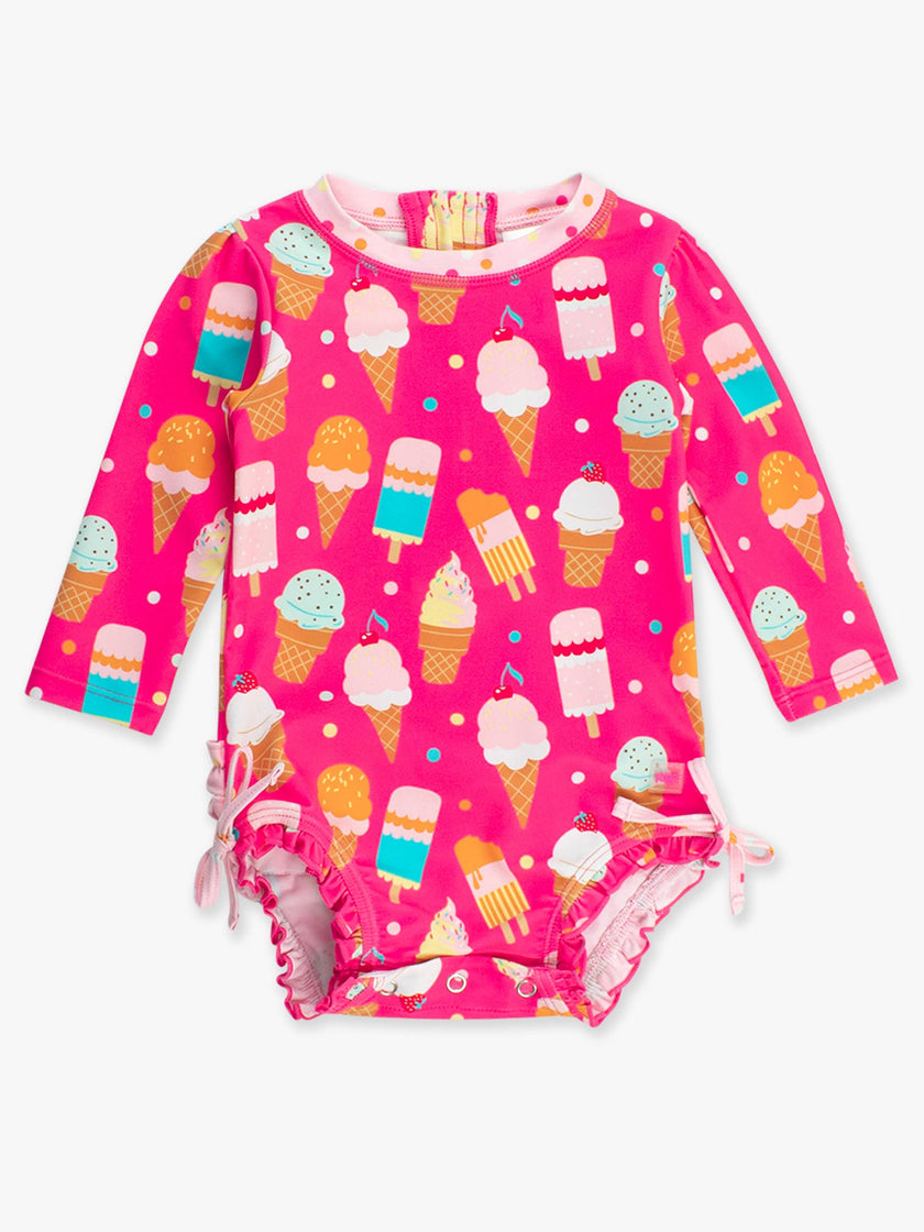 Baby Girls Sweet Scoops Ice Cream Long Sleeve One Piece Rash Guard Swimsuit with Signature Rear Ruffles