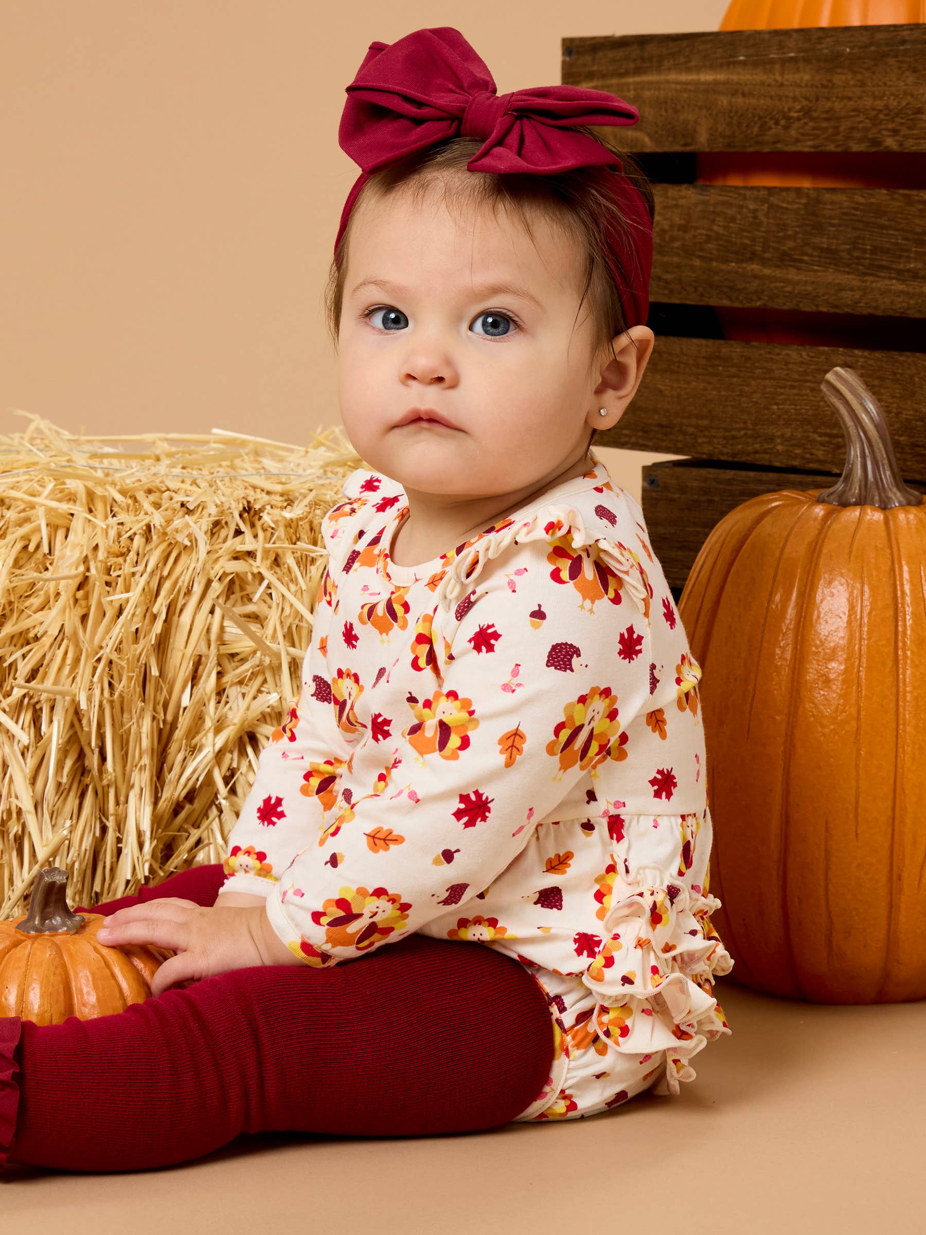 Baby Girls Thanksgiving Turkey Gobble Knit Long Sleeve Flutter Bubble Romper