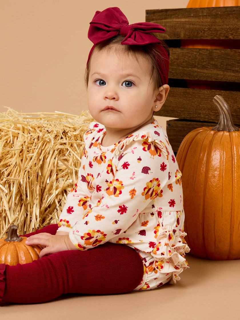 Baby Girls Thanksgiving Turkey Gobble Knit Long Sleeve Flutter Bubble Romper