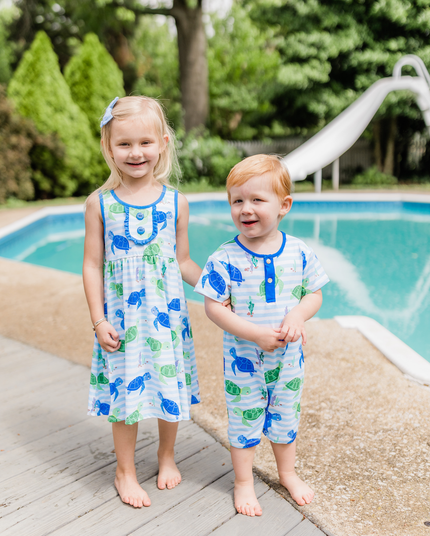 Baby Ice Blue Stripe Swimming Turtle Playsuit