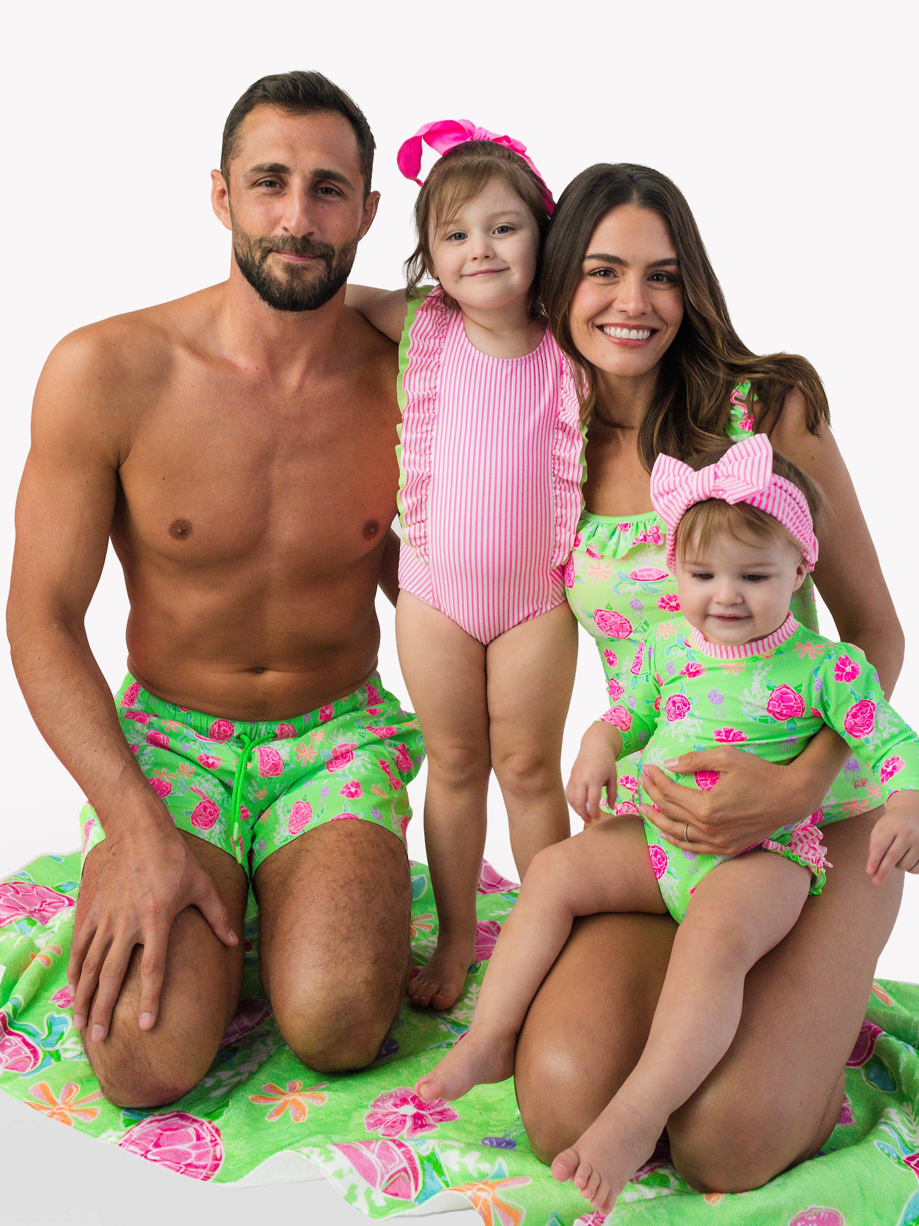 Girls Neon Turtle Tide Flutter Long Sleeve Rash Guard Skirted 2-Piece Swimsuit