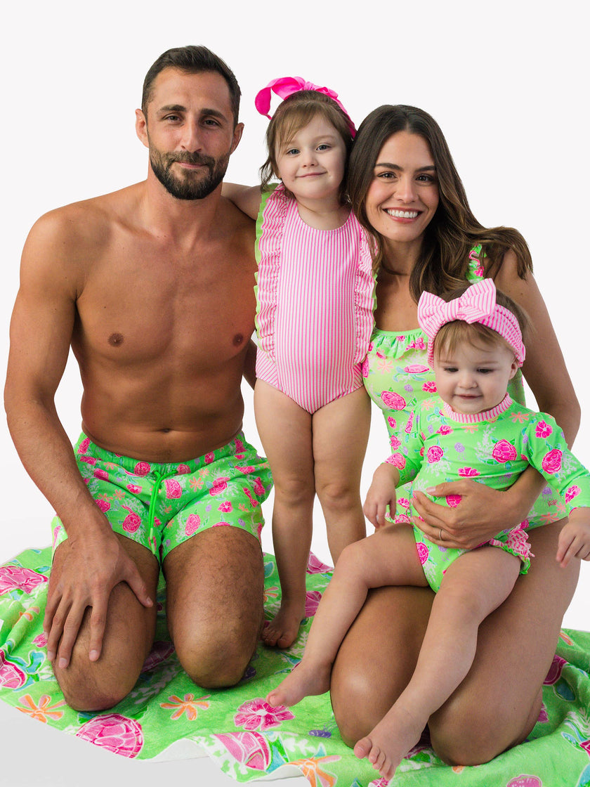 Girls Neon Turtle Tide Flutter Long Sleeve Rash Guard Skirted 2-Piece Swimsuit