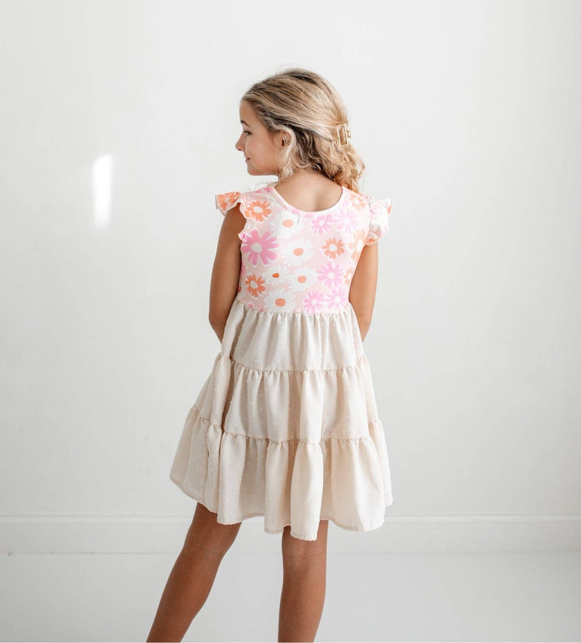 Girls Pink & Beige Retro Floral Swiss Dot Spring Twirl Dress