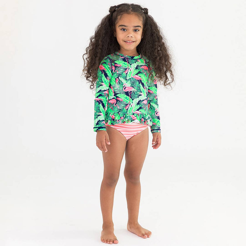 Flamingo Frenzy Ruffle Hem Rash Guard 2-piece