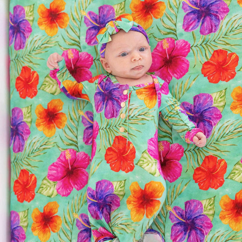 Hibiscus Bright Newborn Bamboo Knotted Gown