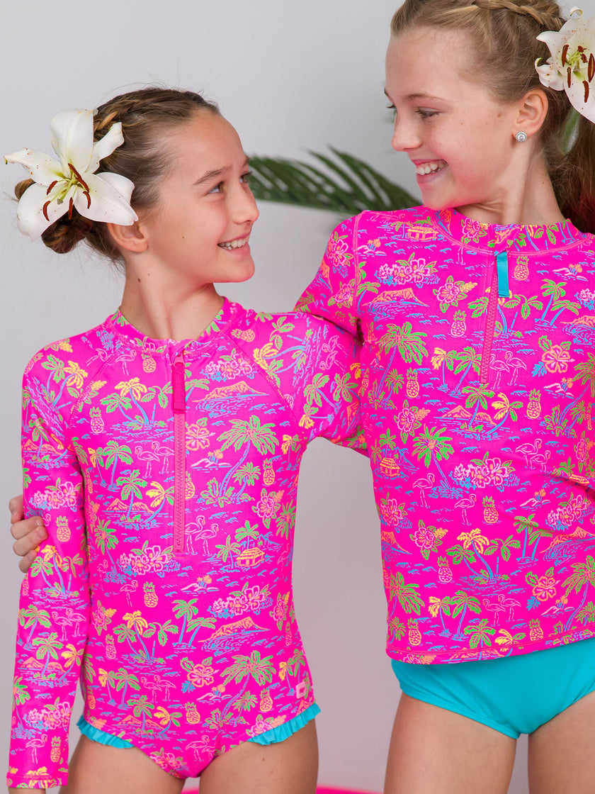 Neon Island Time Long Sleeve Rash Guard One Piece