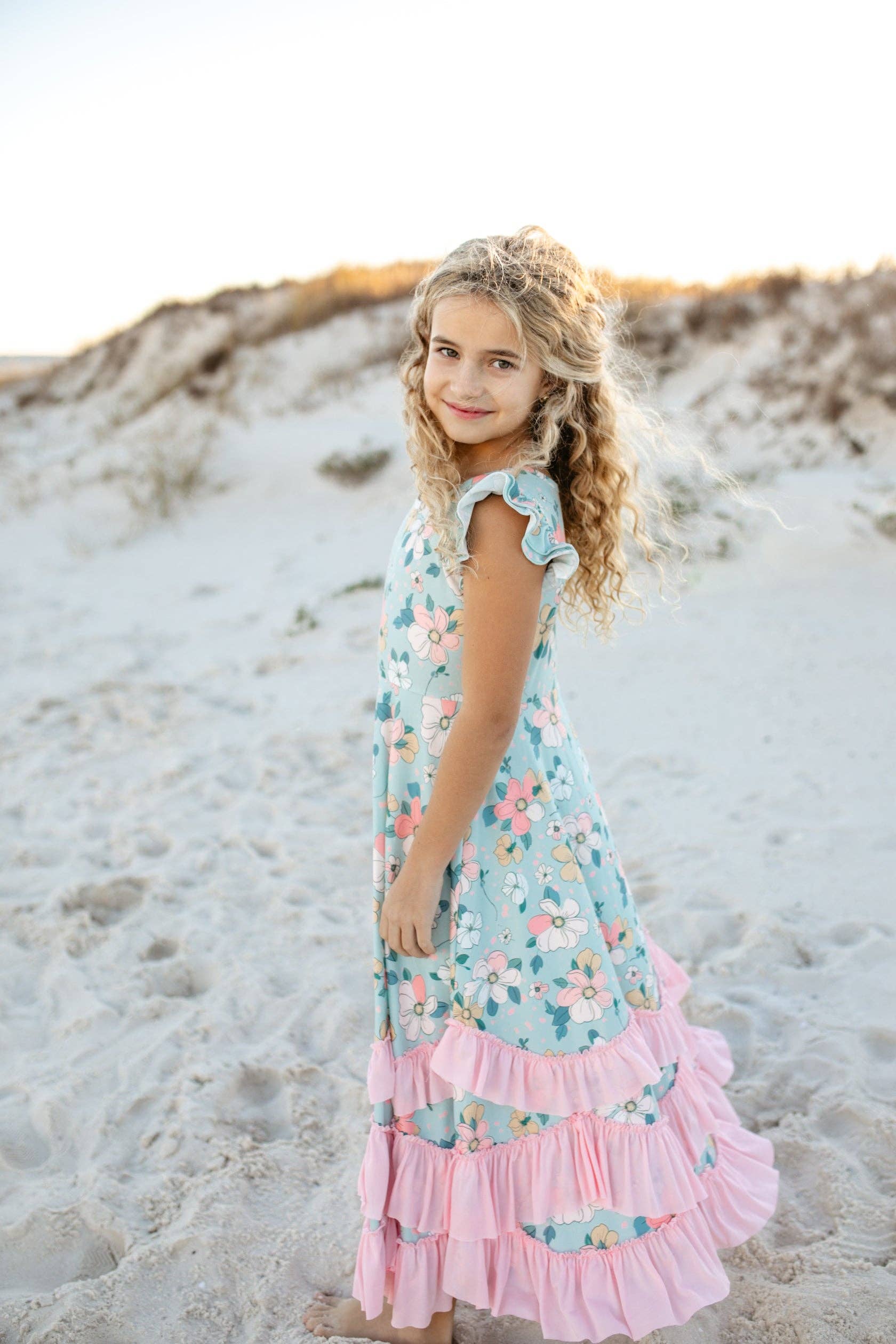 Kids Bella Mint Pastel Floral Flutter Sleeve Ruffles Dress