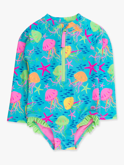 Girls Neon Jelly Time Long Sleeve One Piece Rash Guard Swimsuit