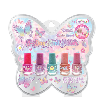 5 Scented Nail Polishes The perfect gift for any girl who loves scented sparkly nails! Featuring scented water-based peel off nail polish, no harsh chemicals needed to remove it. Contains: * 5 Scented Nail Polishes