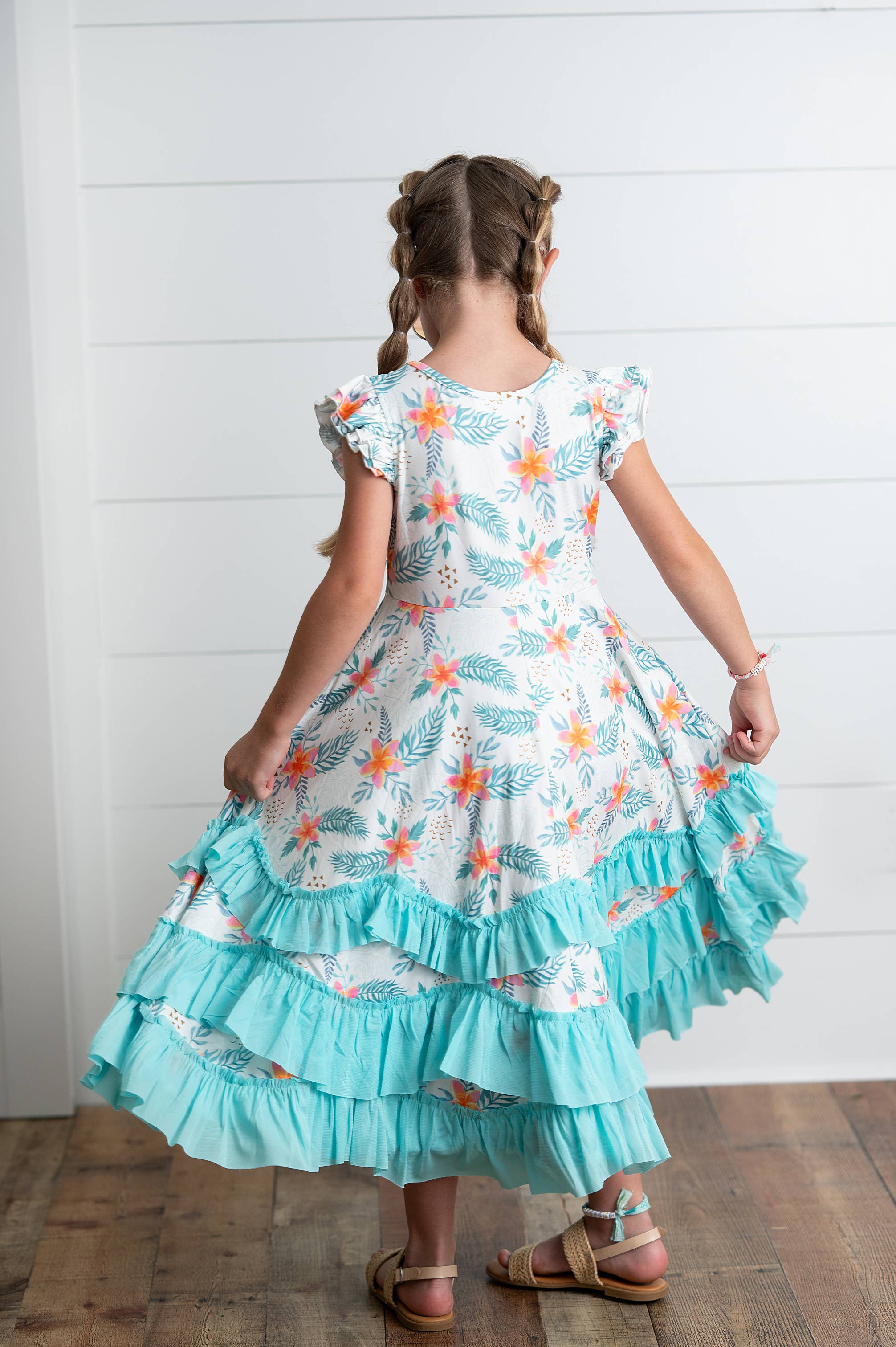 Girls Hawaiian Tropical Flutter Sleeve Ruffles Summer Dress