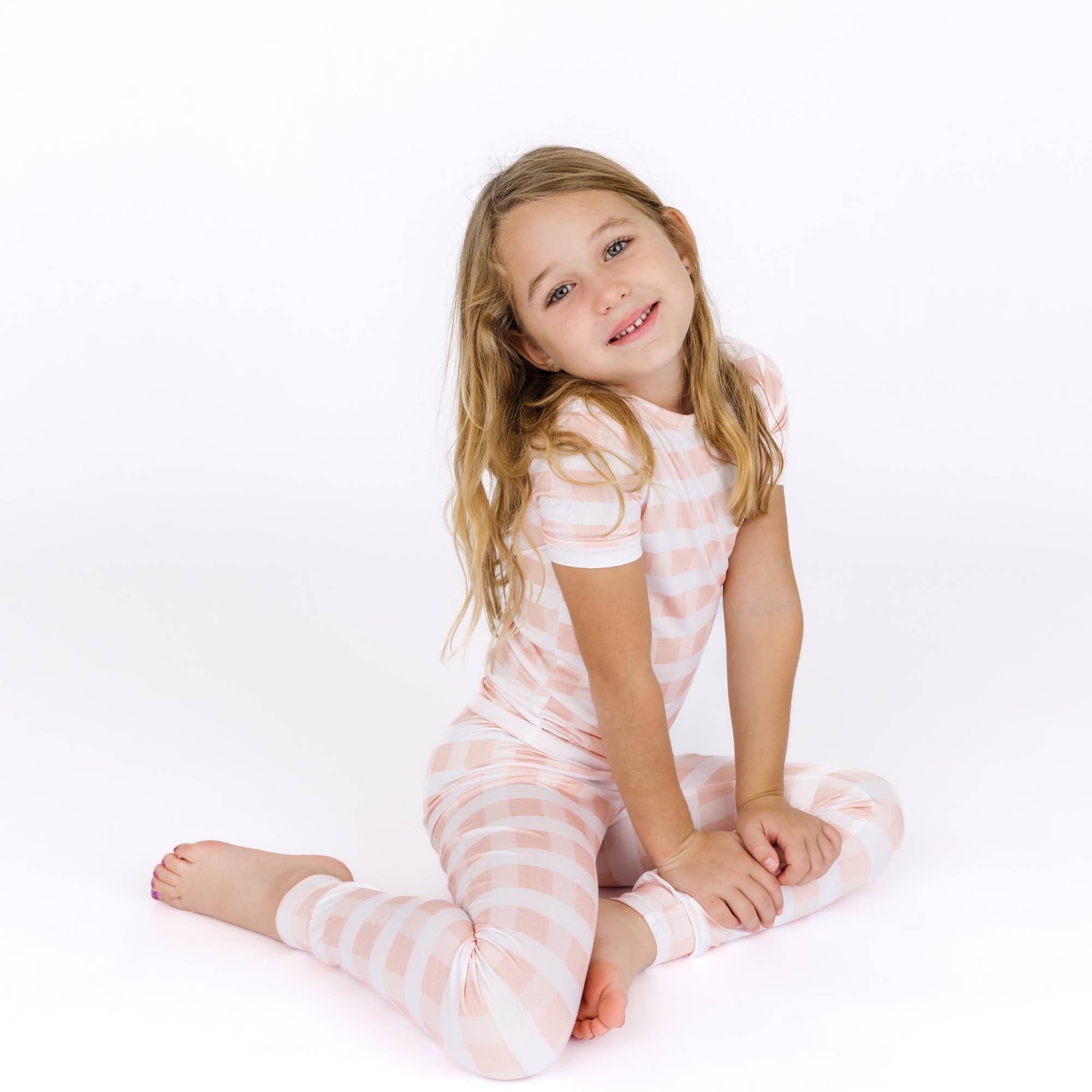 Pink Gingham Two-Piece Bamboo Short Sleeve Pajama Kids Pants Set