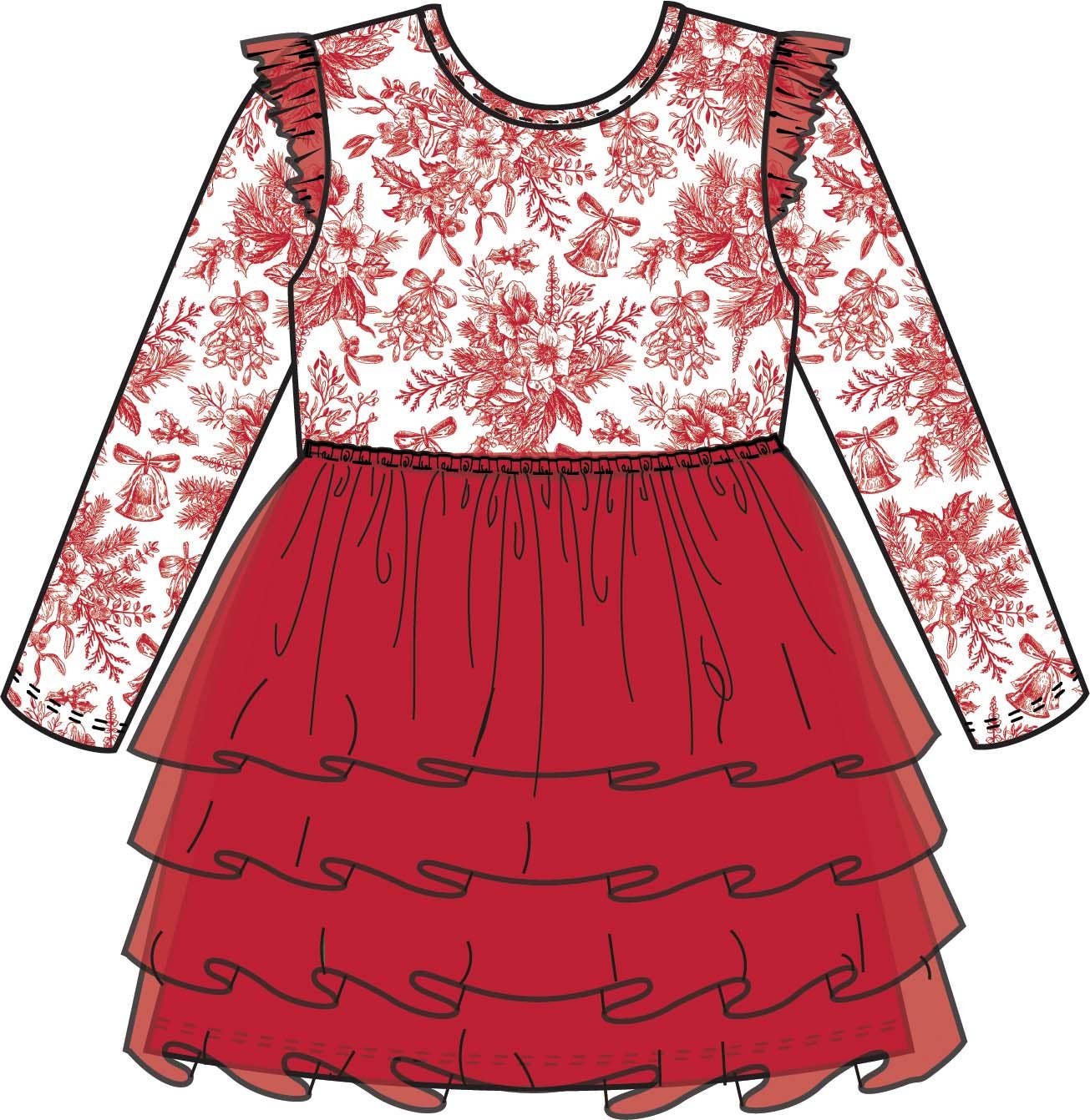 Girls Red Jingle Toile the Way Flutter Tulle Long Sleeve Twirl Dress
