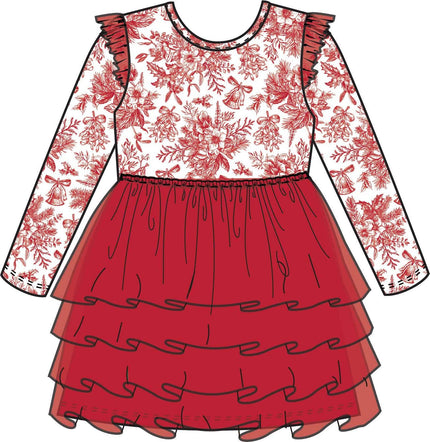 Girls Red Jingle Toile the Way Flutter Tulle Long Sleeve Twirl Dress