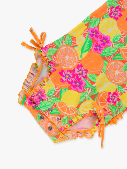 Baby Girls Neon Squeeze the Day Long Sleeve One Piece Rash Guard Swimsuit with Signature Rear Ruffles