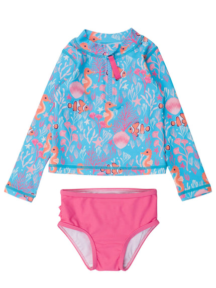 Ocean Tides Girls Long Sleeve Zipper Rash Guard 2-Piece Swimsuit