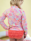 Girls Sunset Seashells Long Sleeve Zipper Rash Guard 2-Piece Swimsuit with Signature Rear Ruffles
