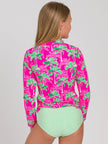 Tween Girls Neon Palm Paradise Long Sleeve Zipper Rash Guard 2-Piece Swimsuit