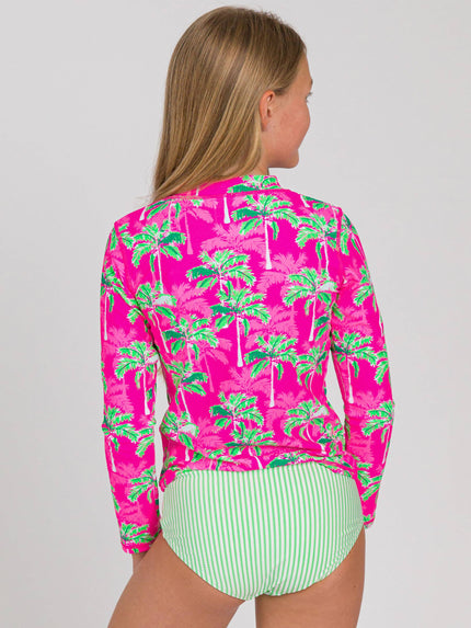 Tween Girls Neon Palm Paradise Long Sleeve Zipper Rash Guard 2-Piece Swimsuit