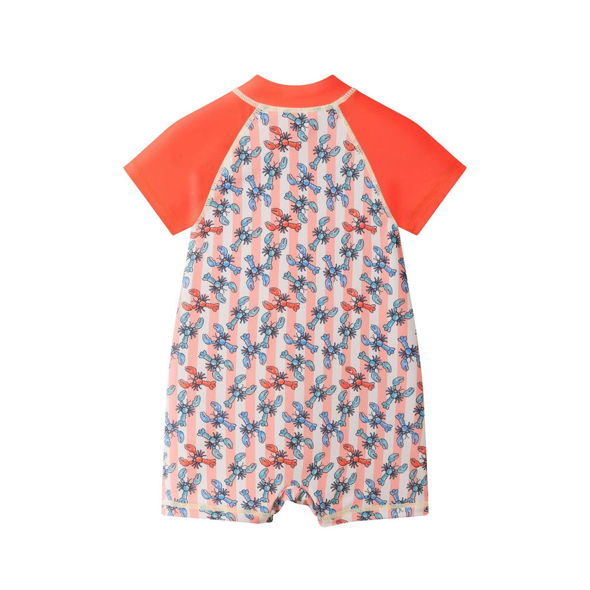 Infant Boys Orange Lobster Short Sleeve Swim Romper W/ Hat