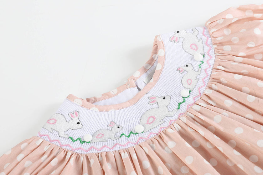 Pink and White Dot Easter Bunny Smocked Bishop Dress