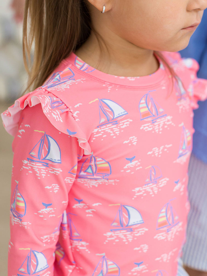 Pink Seas the Day Skirted Flutter Long Sleeve Rash Guard Bikini