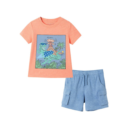 Applique Graphic Tee & Blue Washed Knit Cargo Short Set | Orange Dino