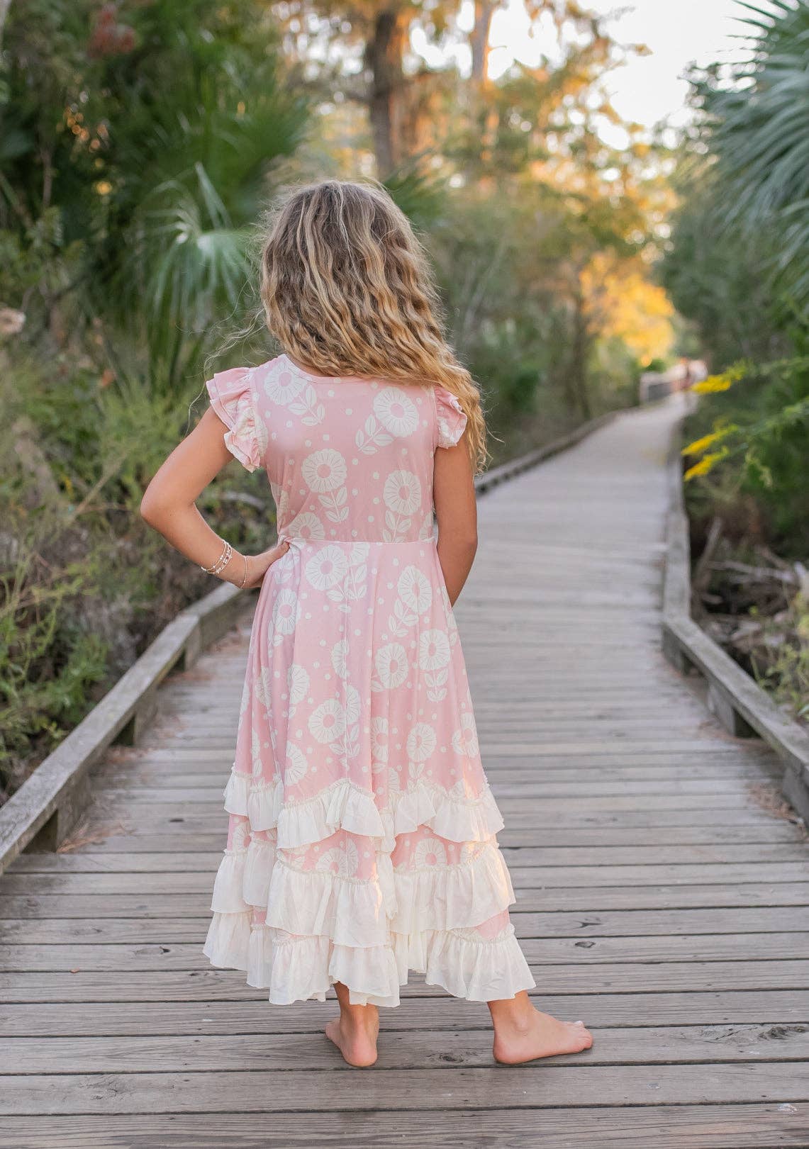 Kids Bella Dusty Pink Daisy Flutter Sleeve Ruffles Dress