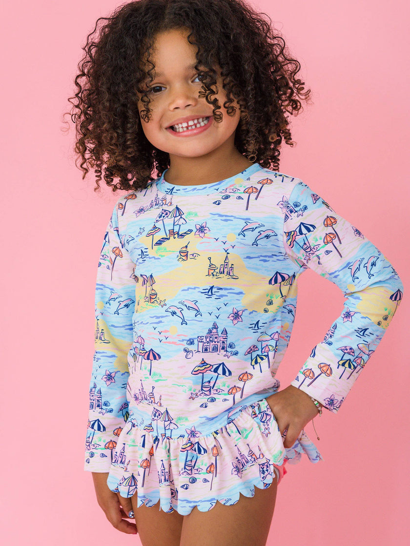 Girls Beach Day Scallop Hem Long Sleeve Rash Guard 2-Piece Swimsuit with Signature Rear Ruffles