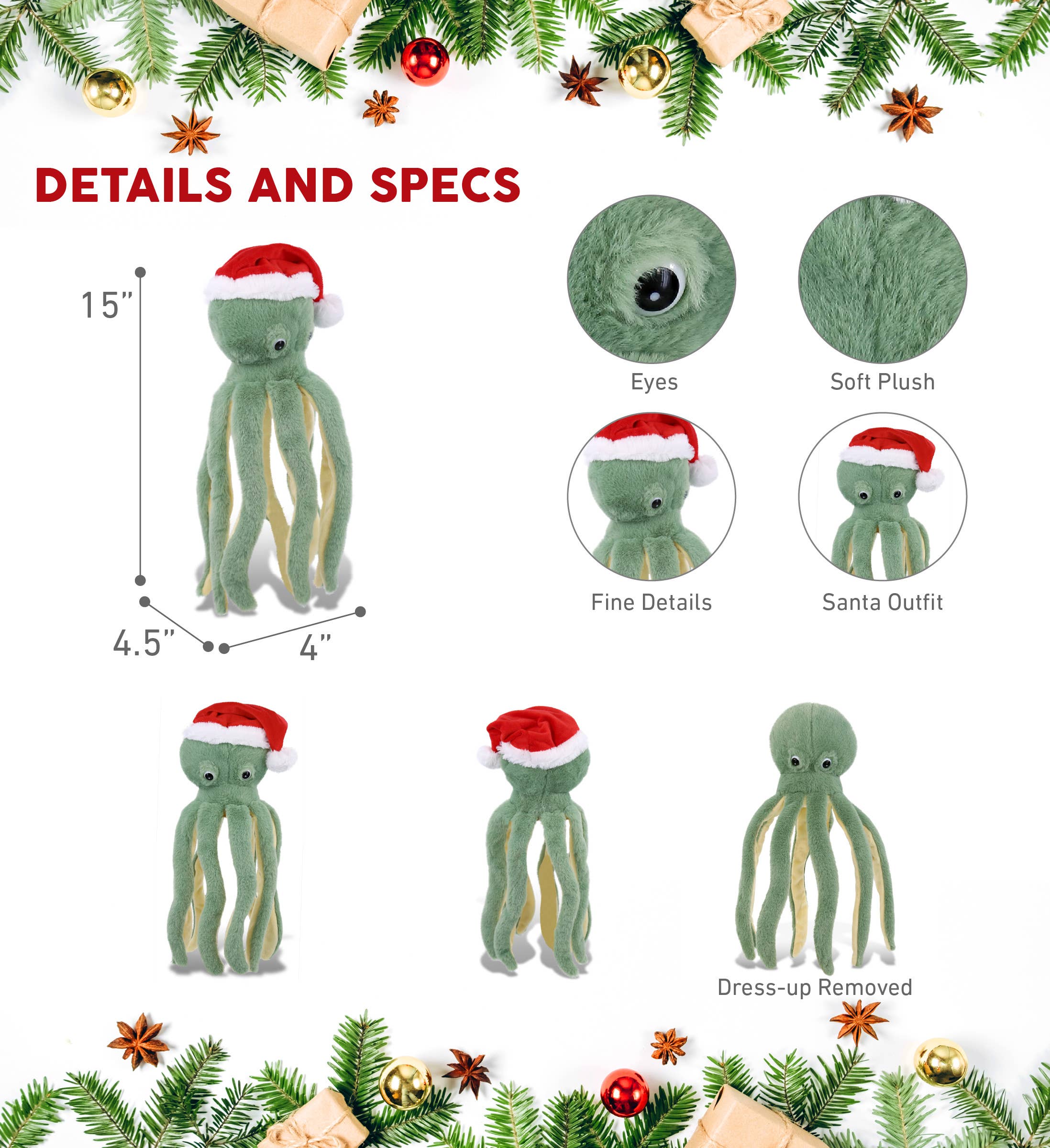 Plush Santa - Super-Soft Plush - Green Octopus Stuffed Animal
