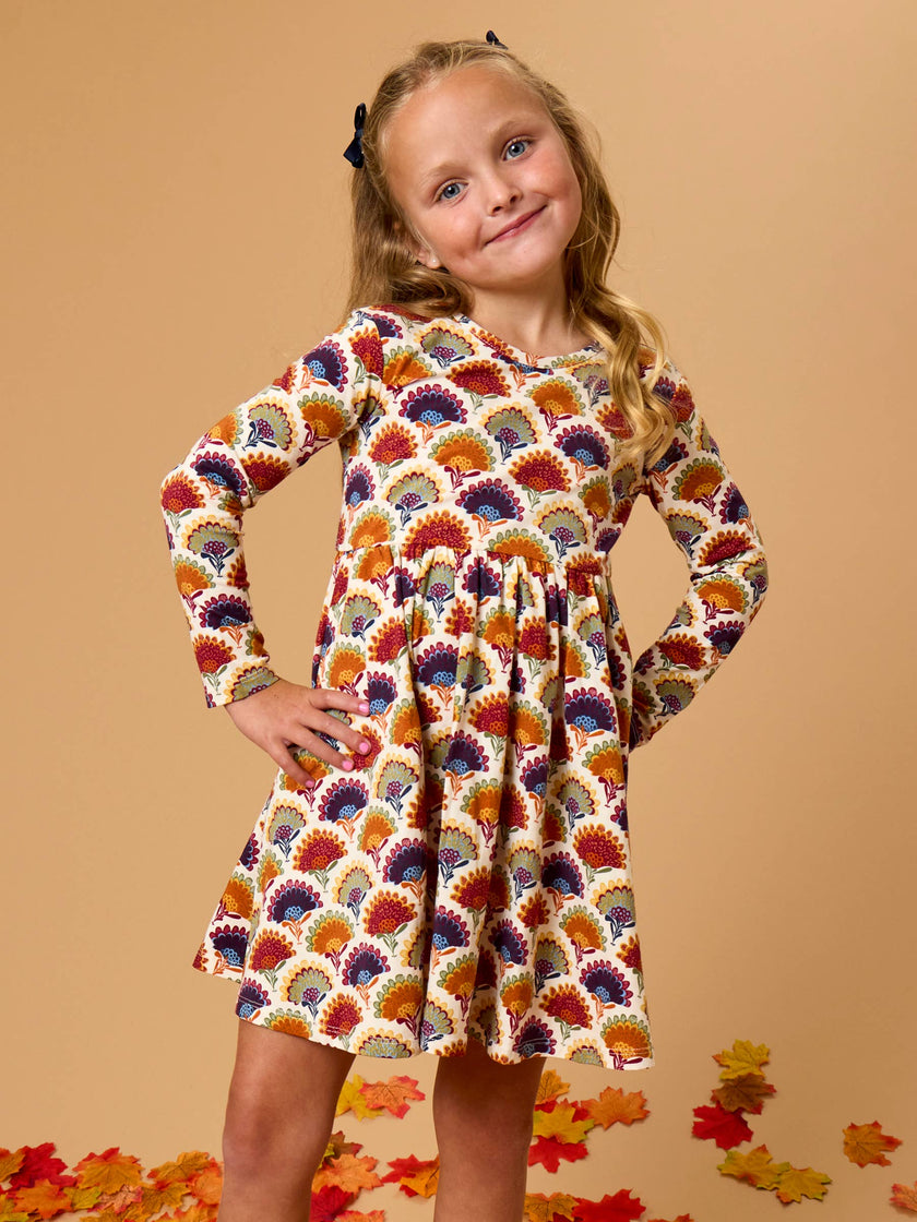 Girls Maple Blossoms Knit Long Sleeve Twirl Dress