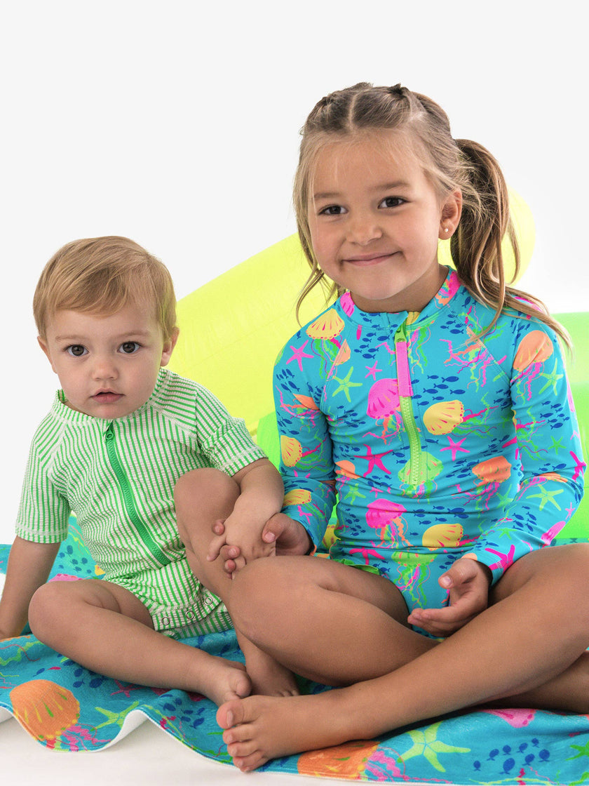 Girls Neon Jelly Time Long Sleeve One Piece Rash Guard Swimsuit