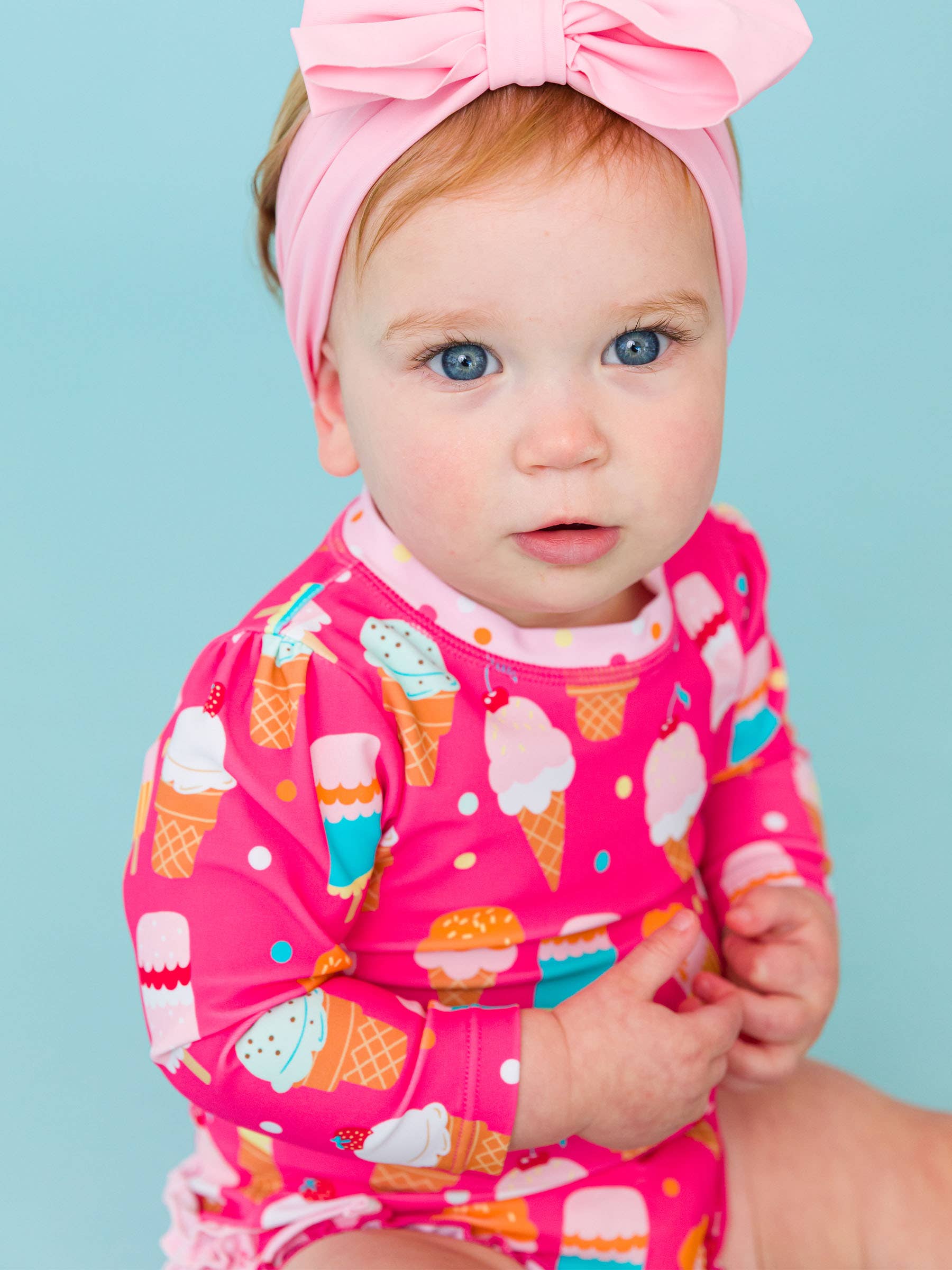 Baby Girls Sweet Scoops Ice Cream Long Sleeve One Piece Rash Guard Swimsuit with Signature Rear Ruffles