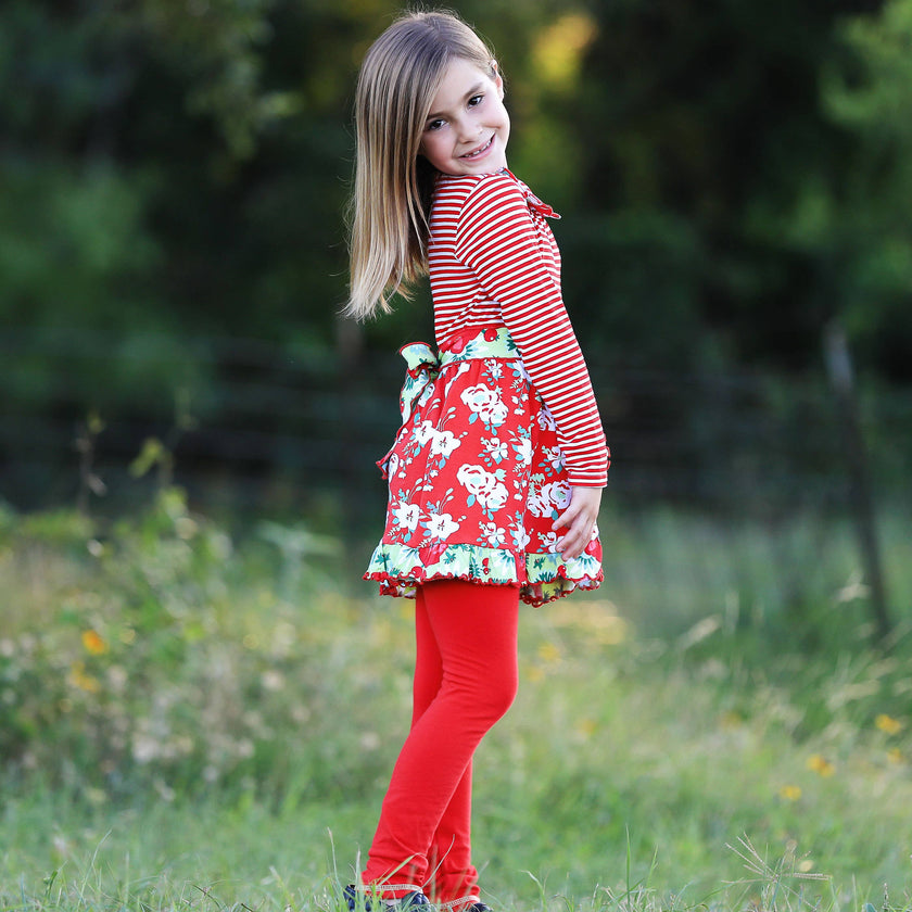 Girls Red Floral Stripes Christmas Dress & Leggings