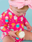 Baby Girls Sweet Scoops Ice Cream Long Sleeve One Piece Rash Guard Swimsuit with Signature Rear Ruffles