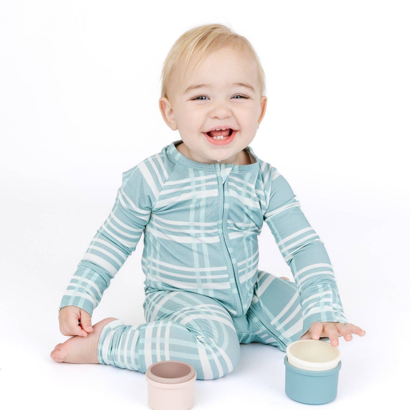 Blue Plaid Bamboo Convertible Footie Romper
