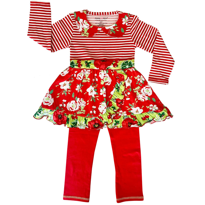 Girls Red Floral Stripes Christmas Dress & Leggings