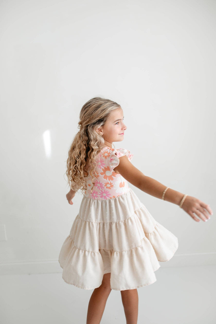 Girls Pink & Beige Retro Floral Swiss Dot Spring Twirl Dress