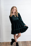 Kids Dark Green Smocked Velvet Fancy Holiday Party Dress