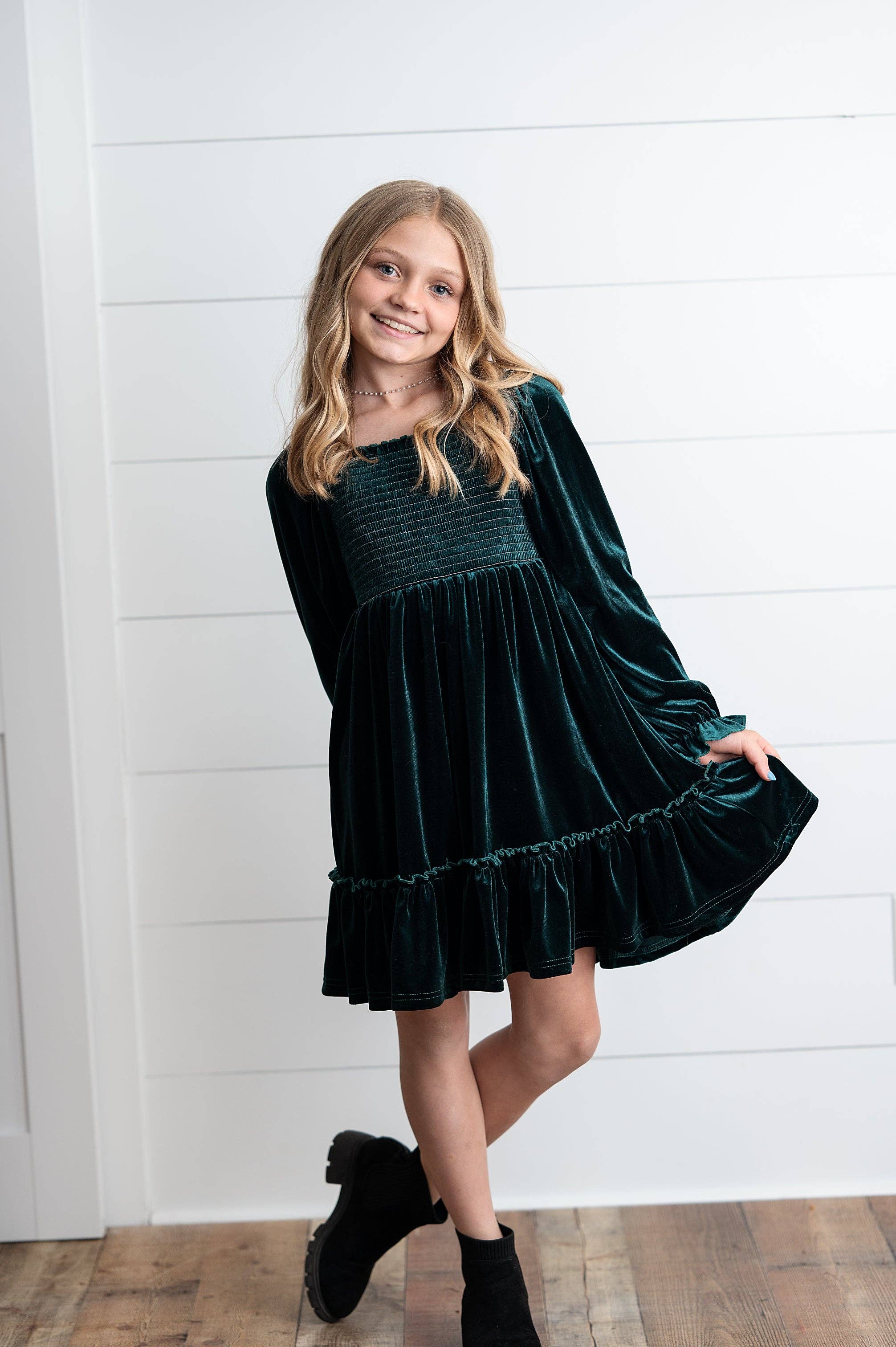 Kids Dark Green Smocked Velvet Fancy Holiday Party Dress