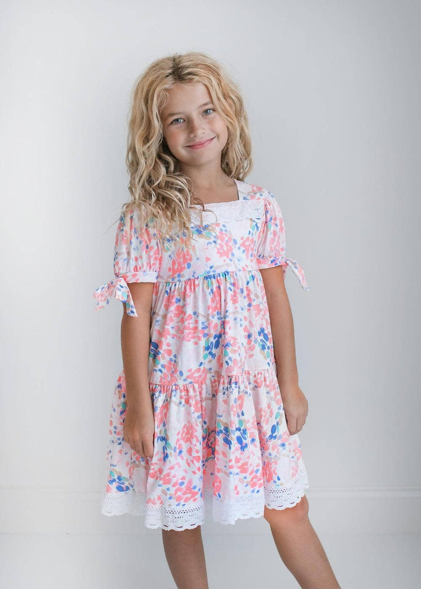 Kids Pink & Blue Lace Tiered Square Neck Dress