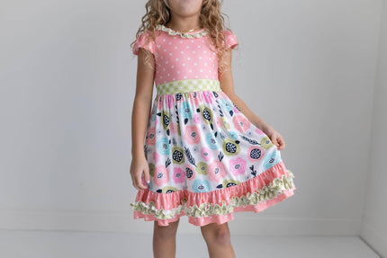 Kids Peach & Green Floral Gingham Spring Easter Ruffle Dress