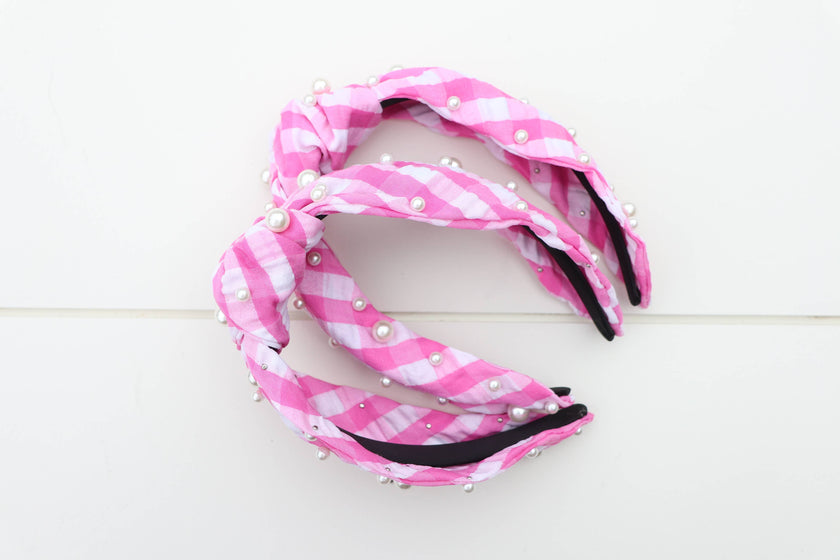 Pink Gingham Pearl Headband