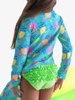 Girls Neon Jelly Time Long Sleeve Zipper Rash Guard 2-Piece Swimsuit with Signature Rear Ruffles