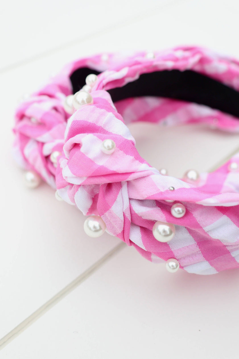 Pink Gingham Pearl Headband