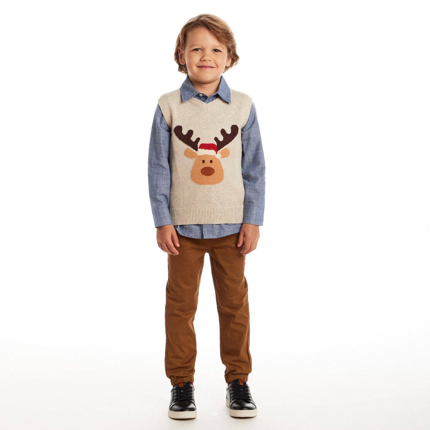 Kids Sweater Vest Holiday Set | Beige Reindeer