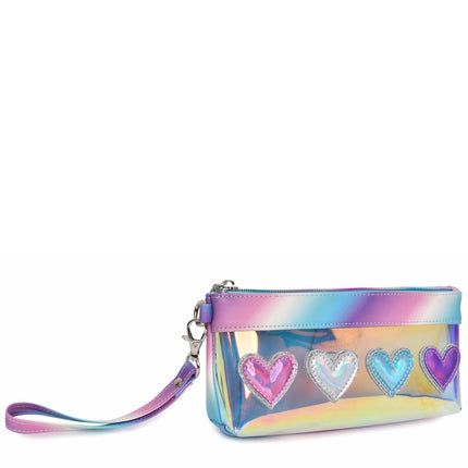 Metallic Hearts Glazed Clear Slim Pencil Pouch Wristlet