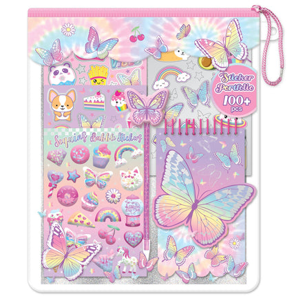 All about stickers. This set has tons of fun and trendy stickers. Contain: 1 Sheet of Bubble Stickers with Sequins 2 Sheets of Vinyl Stickers 1 Sheet of Glow in the Dark Stickers 1 Reusable Bag 1 Notebook 1 Butterfly Pen
