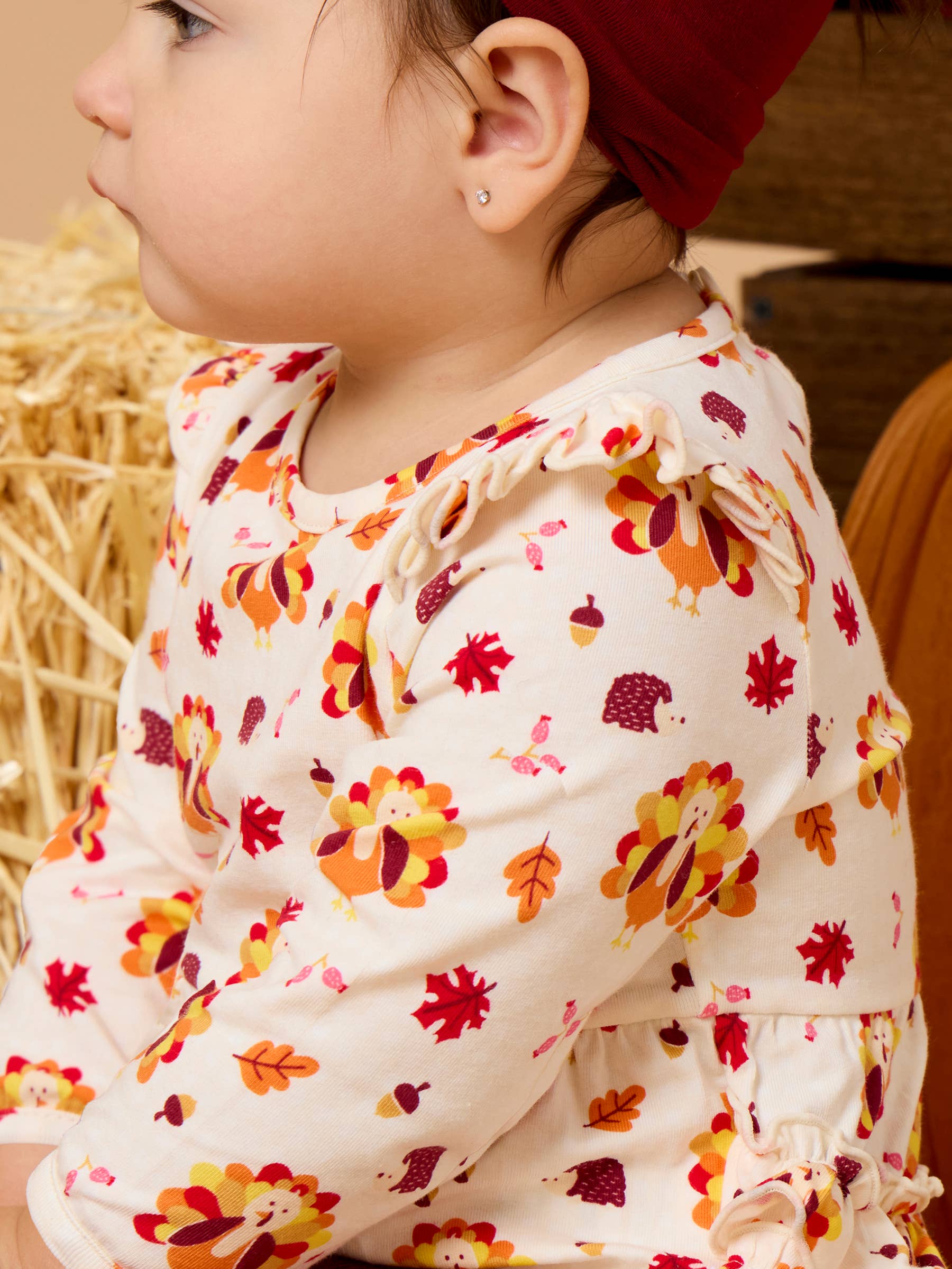 Baby Girls Thanksgiving Turkey Gobble Knit Long Sleeve Flutter Bubble Romper